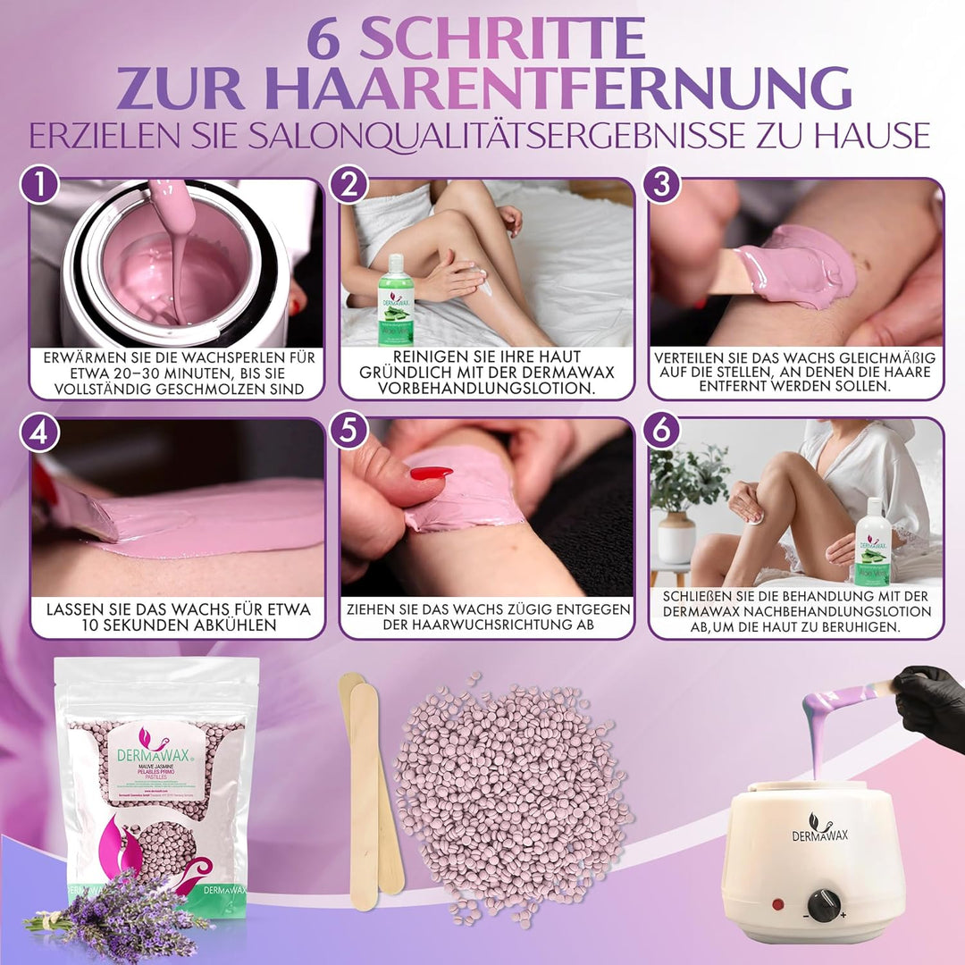 Dermawax Mauve Jasmin Wachs Filmwachs Heisswachs Waxing Perlen Wachsperlen Anwendung ohne Wachsstrei
