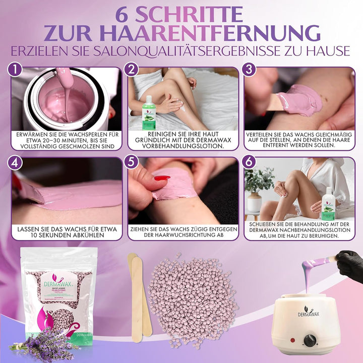 Dermawax Mauve Jasmin Wachs Filmwachs Heisswachs Waxing Perlen Wachsperlen Anwendung ohne Wachsstrei