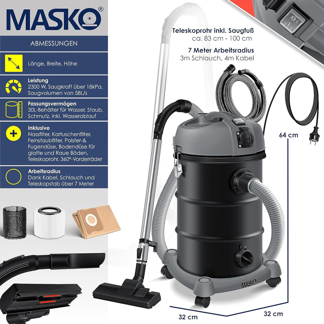 MASKO® 6IN1 Industriestaubsauger Staubsauger Nass Trocken Sauge Aschesauger 2300W + Steckdose✓ Blasf