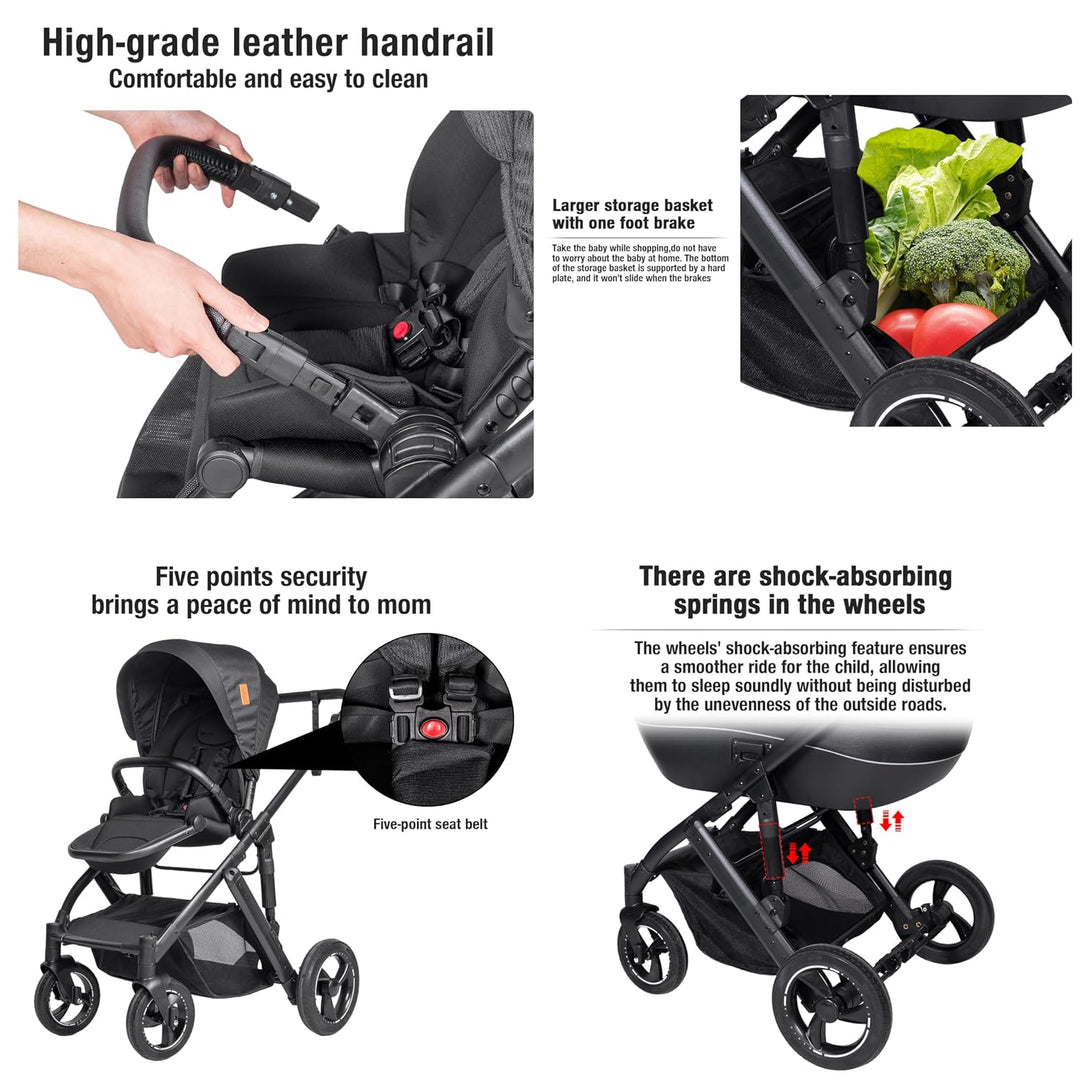 Kinderwagen 4 in 1, Buggy mit Umkehrbarem Zwei-Wege-Schub, Kombikinderwagen mit Faltbarem Tragbarem
