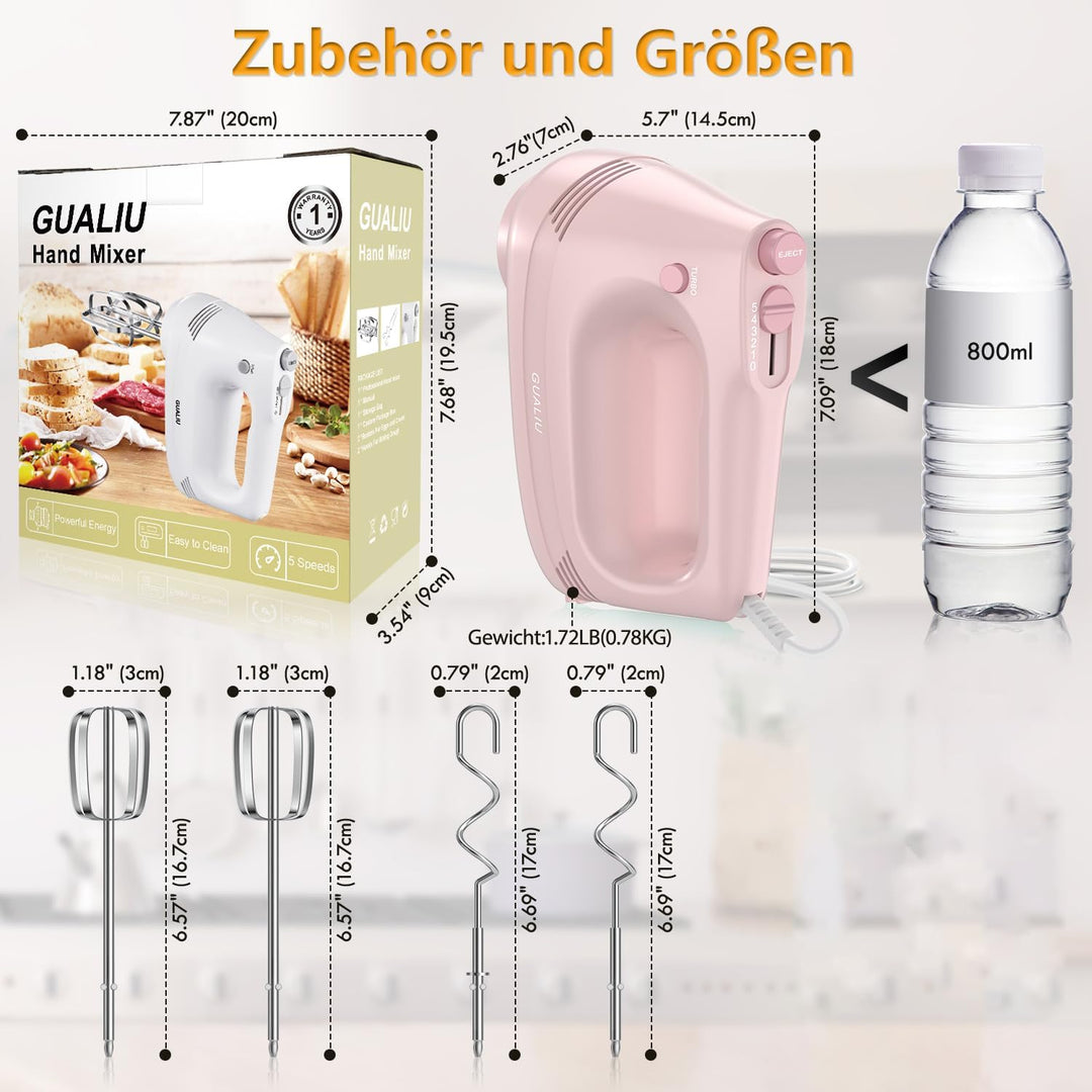 Elektrischer Handmixer mit Edelstahl Schneebesen, Knethaken, Elektrische Handrührer,Turbo Boost /5 G