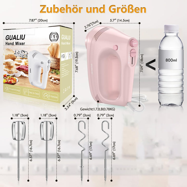 Elektrischer Handmixer mit Edelstahl Schneebesen, Knethaken, Elektrische Handrührer,Turbo Boost /5 G