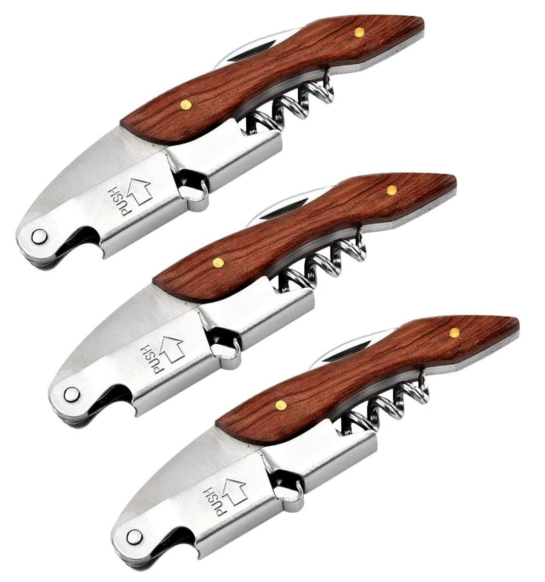 3 x Korkenzieher Wein aus Edelstahl | Kellnermesser | Wein Öffner mit Flaschenöffner & Folienschneid