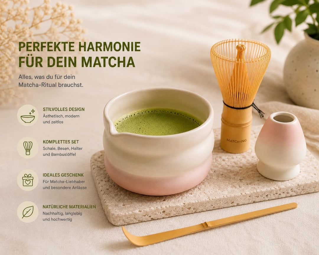Matcha Set 4-teilig – Keramik Matcha Schale, Bambus Matcha Besen (Chasen), Besenhalter & Löffel – Ja