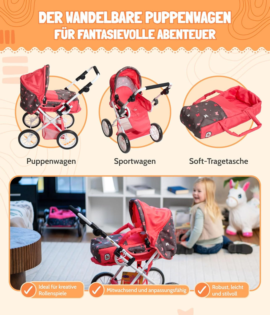 Bayer Chic 2000 - Puppenwagen Leni, 2in1 Kombipuppenwagen mit herausnehmbarer Tragetasche, Kinderwag