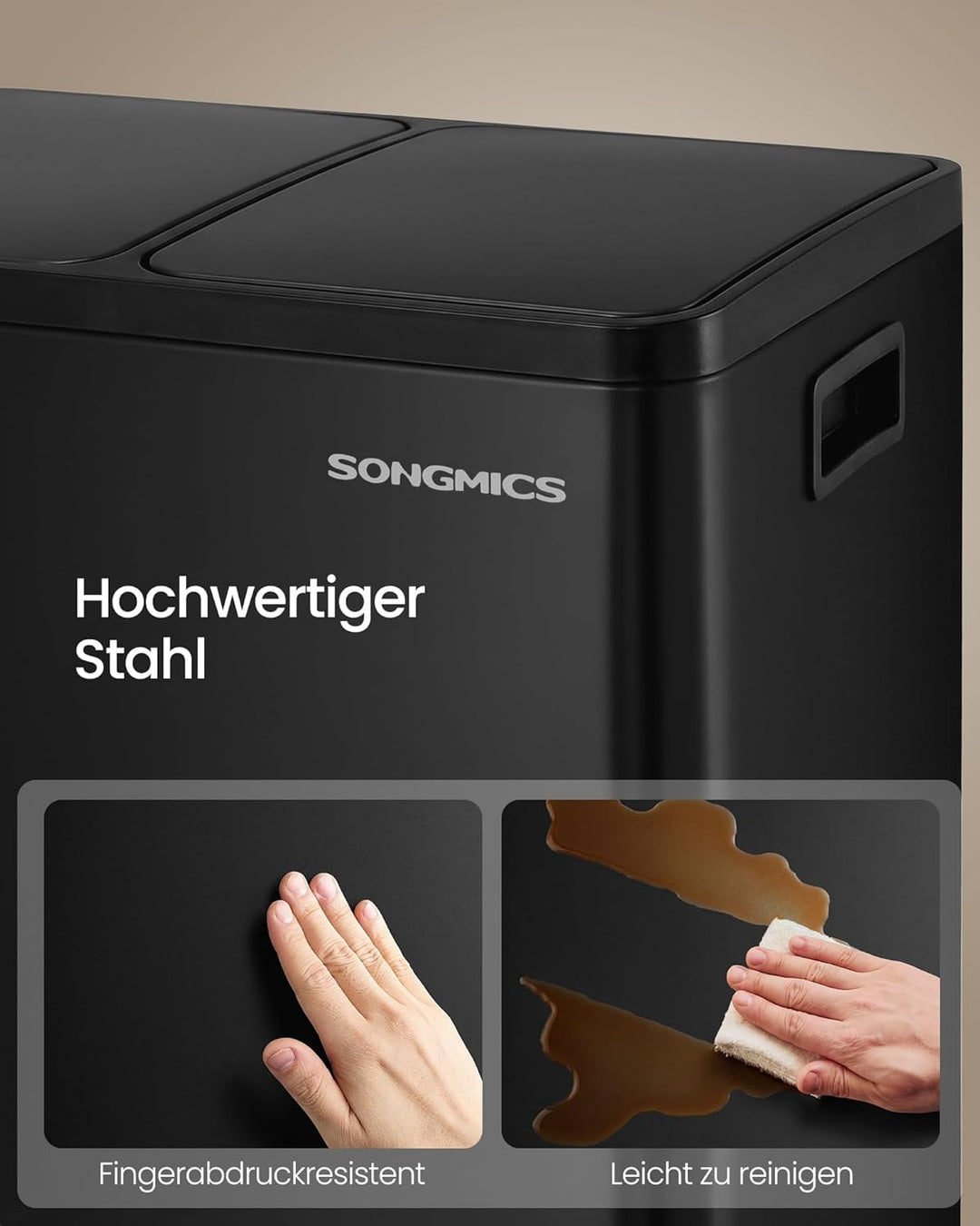 SONGMICS Mülleimer Küche, 2 x 30 L, Mülltrennsystem 2 Fächer, Abfalleimer mit 15 Müllbeuteln, Tretmü
