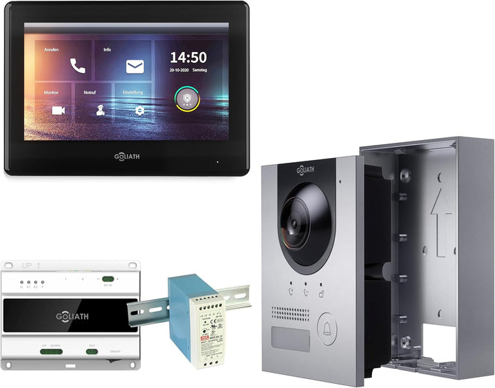 GOLIATH Full-HD Video Türsprechanlage, Aufputz Türstation in Silber, 1 Familienhaus Set, Touchscreen