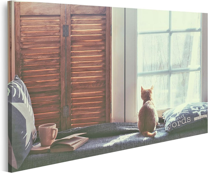 islandburner Bild auf Leinwand Katze Warm Gemütlich Fenster Buch Bilder Wandbilder Poster Leinwand 1
