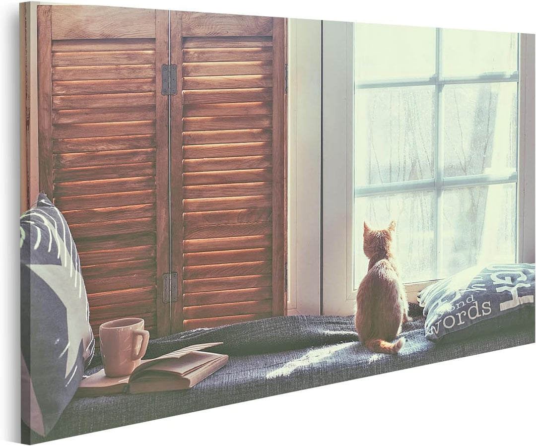 islandburner Bild auf Leinwand Katze Warm Gemütlich Fenster Buch Bilder Wandbilder Poster Leinwand 1