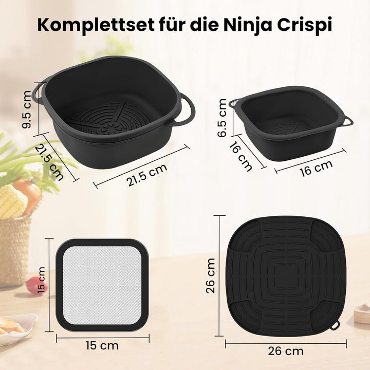 Airfryer Zubehör für Ninja CRISPi FN101EU: Komplett-Set mit 2x Silikonform + 1x Edelstahl Spritzschu