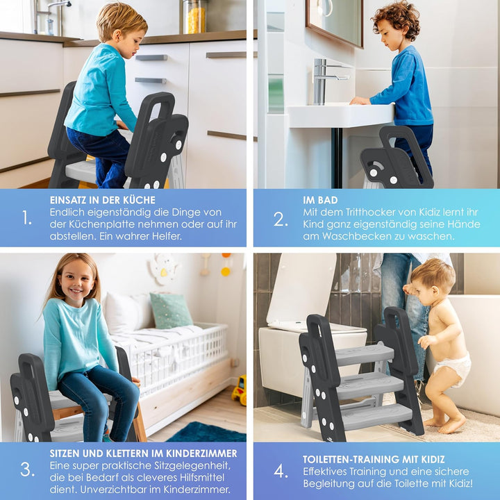 KIDIZ® Tritthocker für Kinder Trittleiter Klappbar mit 3 Stufen | Faltbarer Lern-Turm ab 18 Monaten
