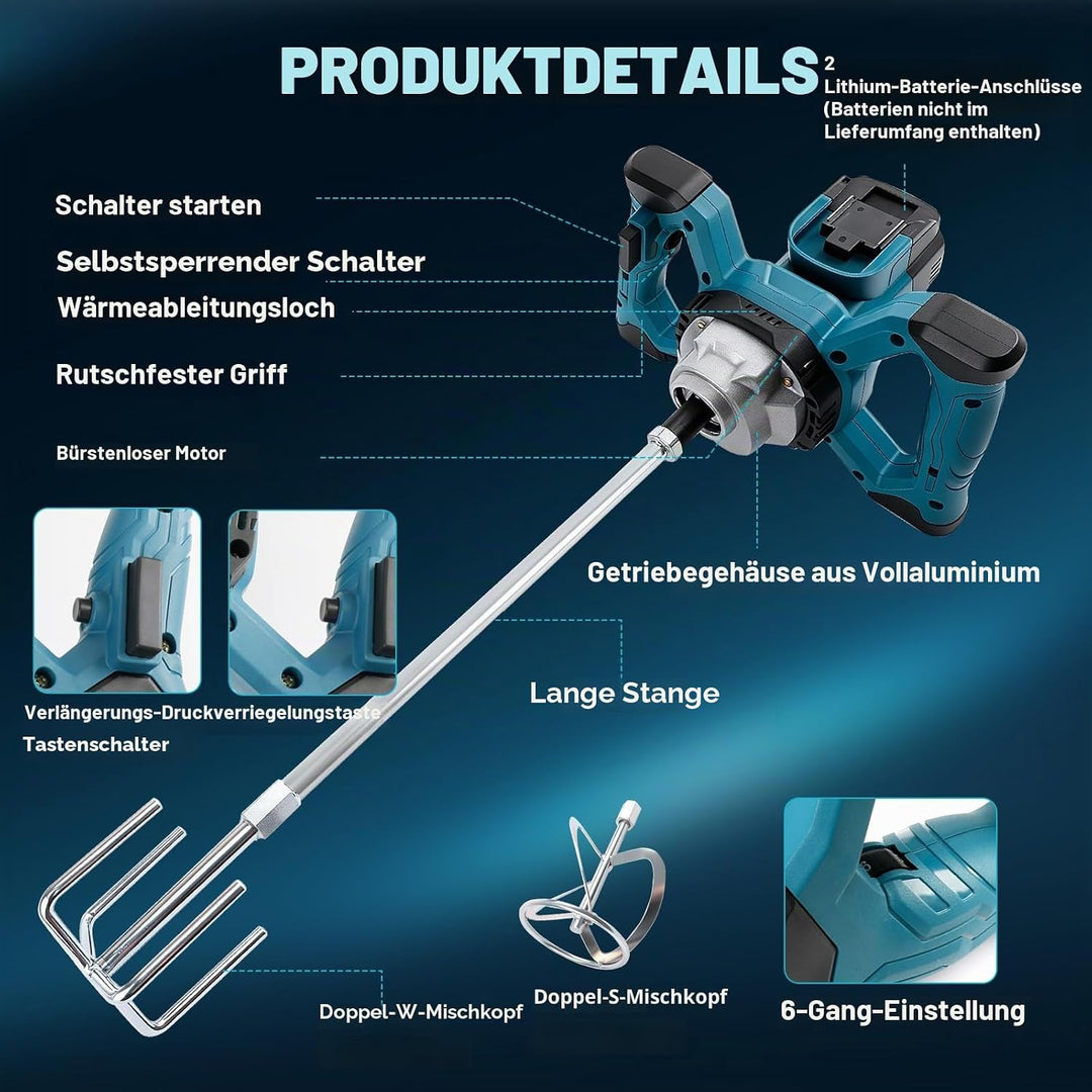 Kabelloser Zementmischer Kompatibel mit Makita 18V Akku, 680 U/min Bürstenloser Paddelmischer mit 6