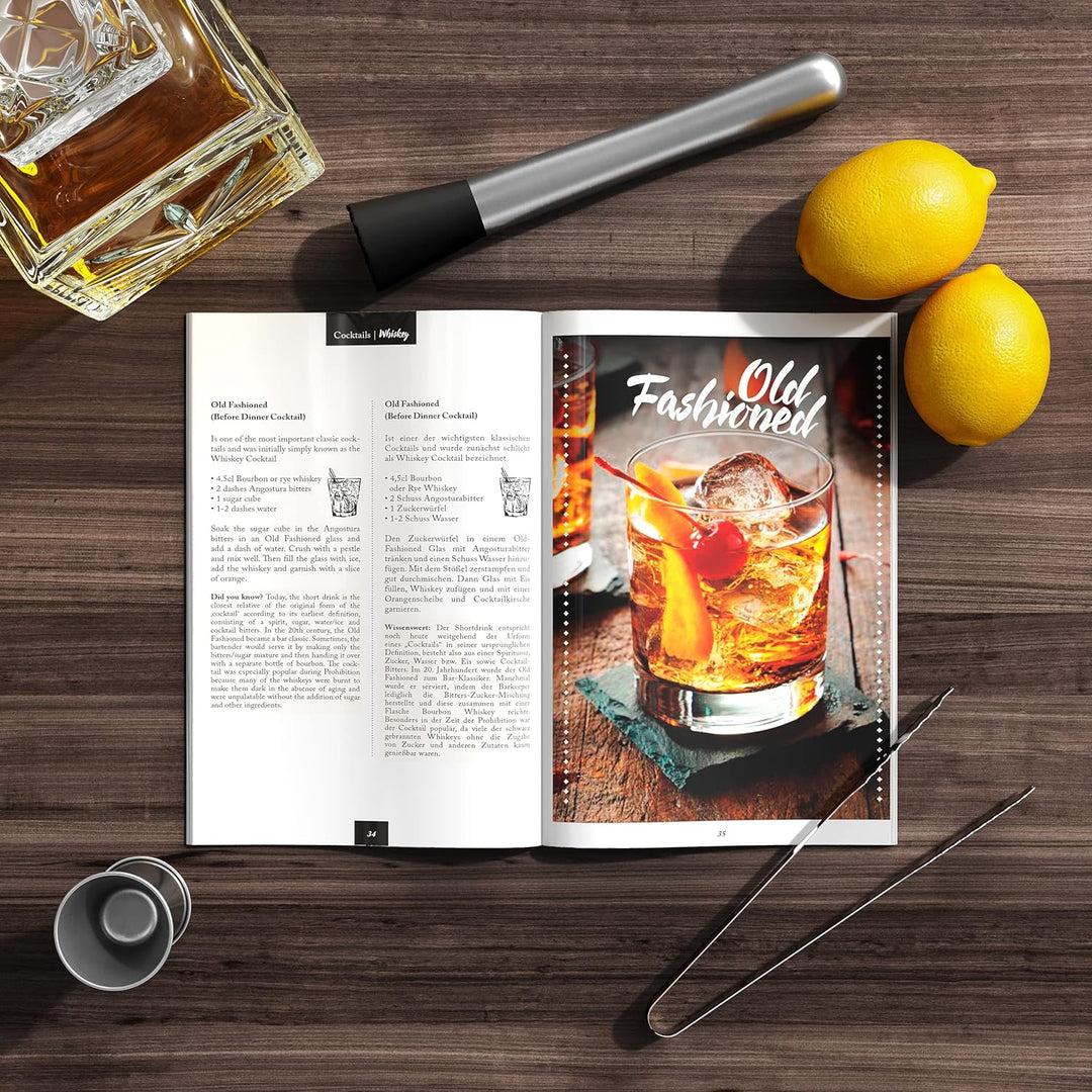 Cocktail Shaker Set mit Ständer & Rezeptbuch: Premium Edelstahl Bar Cocktailset Cocktailshaker Messb