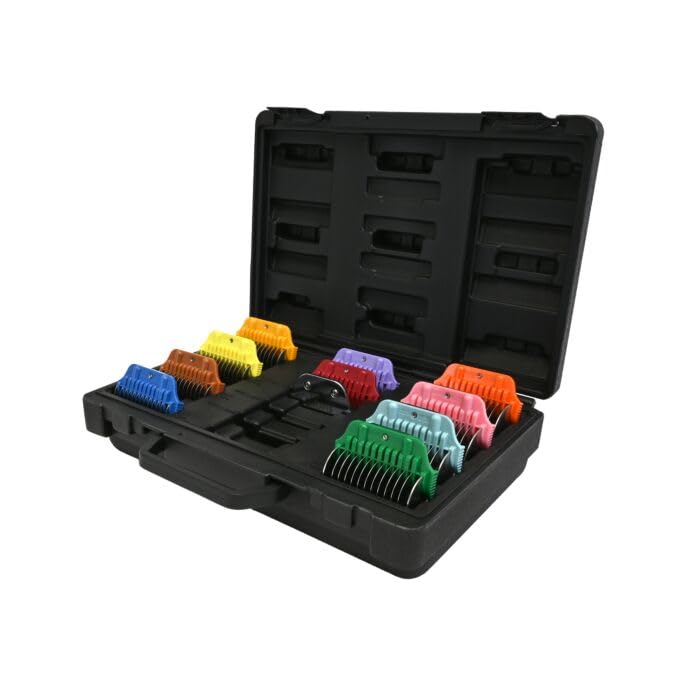 Show Tech Pro Breite Snap-on Kamm-Set aus Edelstahl – 8 Aufsteckkämme (10–38 mm) + #30W Breiter Sche