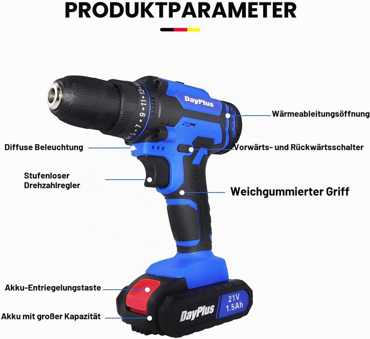 Akku-Bohrschrauber Akkuschrauber 45Nm, 21V Akku-Bohrmaschine mit 1×1.5Ah Akku, 25+1 Drehmoment Akkub