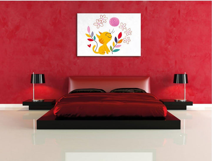 Pixxprint Niedliche Katze mit Wollknäuel als Leinwandbild/Grösse: 100x70 cm/Wandbild/Kunstdruck/fert