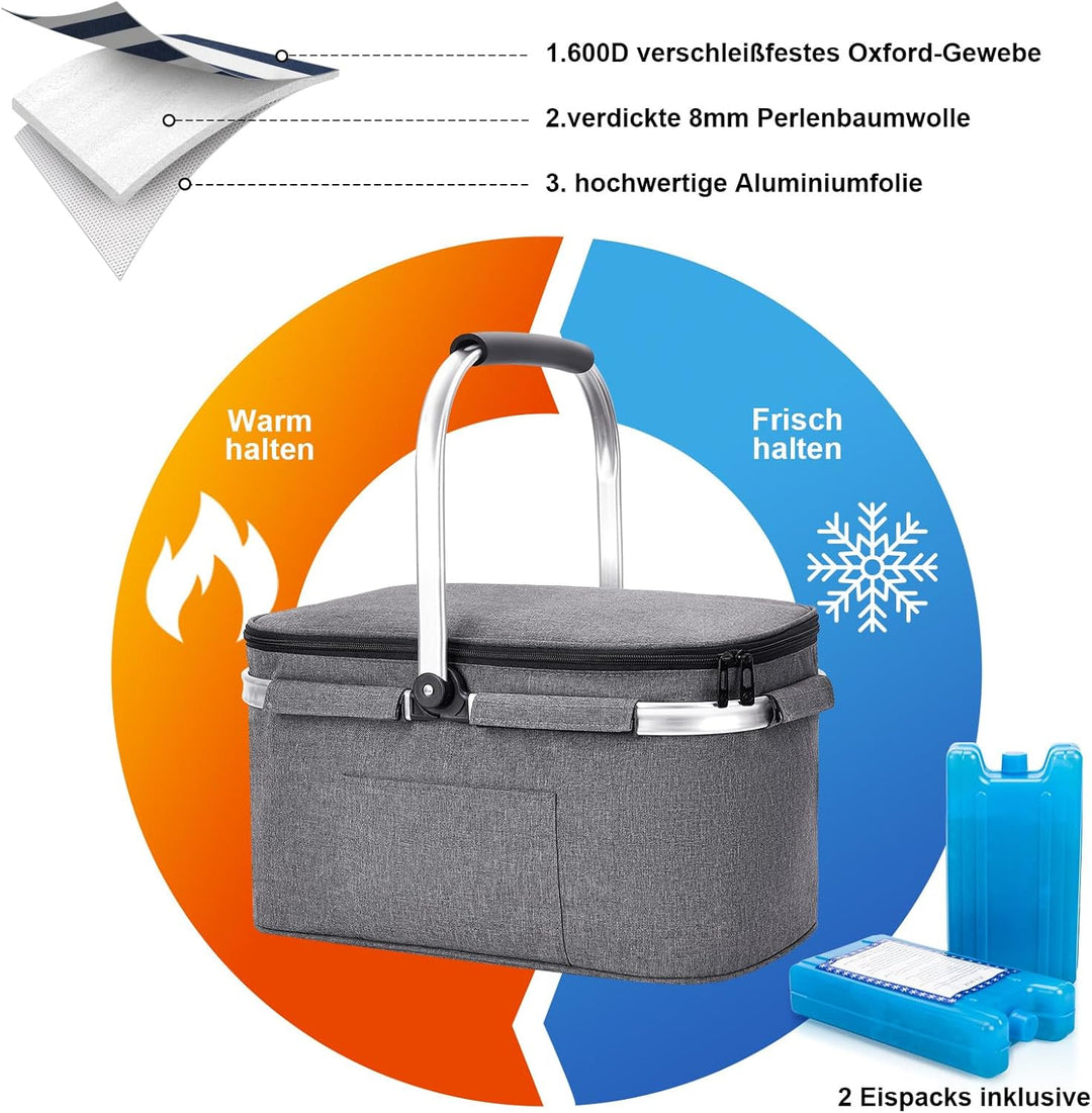 ALLCAMP Gross Faltbar Isoliert Kühltasche - Einkaufskorb Thermo Mit Deckel, Abnehmbarer Picknickkorb