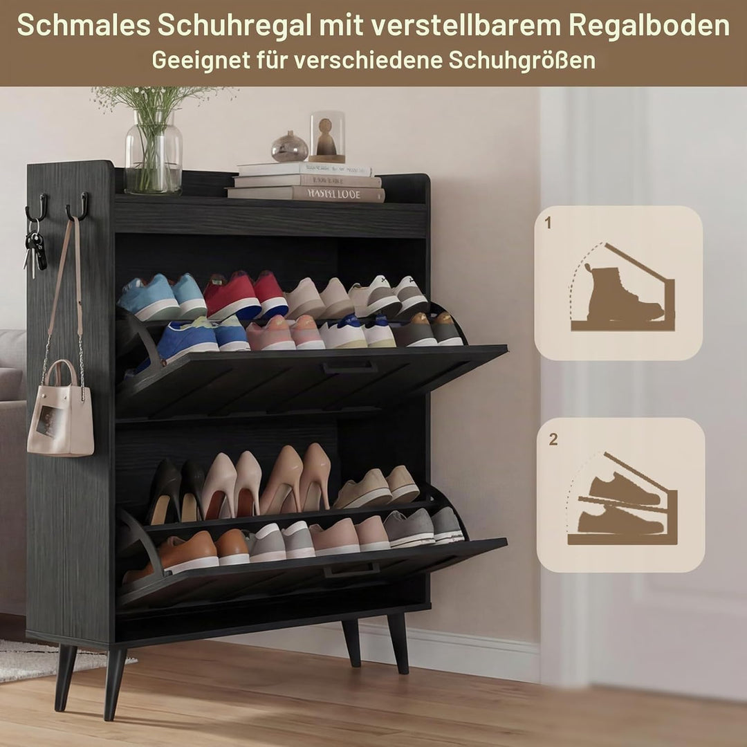 Schuhschrank Schmal mit 2 Klappschubladen, Landhausstil Schuhaufbewahrung für Flur Wohnzimmer, Kipps
