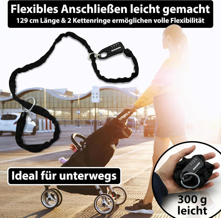 KOHLBURG sicheres Taschenschloss aus Kette & Zahlencode 129cm lang - robuste Sicherheit als Kinderwa