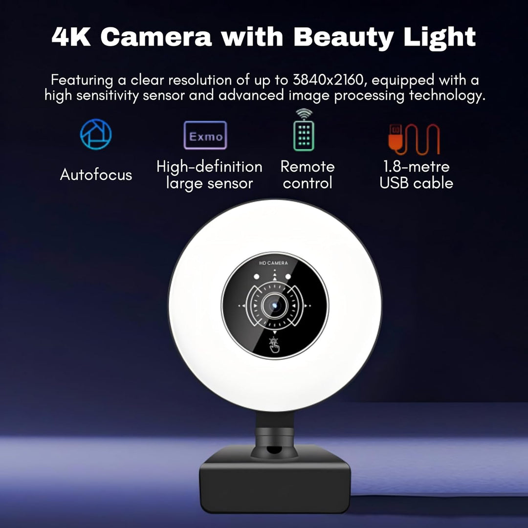 Webcam 4K mit Licht für PC USB 30FPS Webkamera mit Mikrofon AF Auto-Fokus, 3 Einstellbare Helligkeit