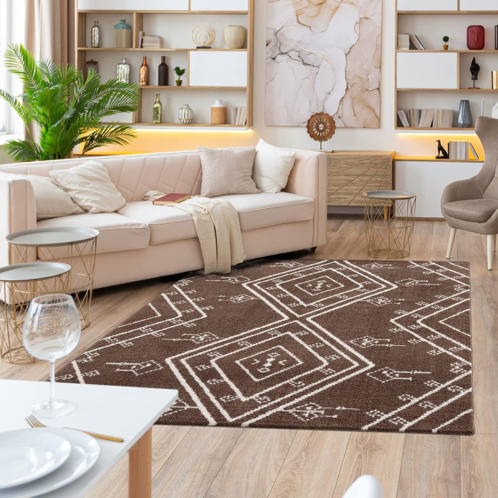 payé Teppich Läufer Ethno Berbermuster - Braun 80x300cm - Hochflor weich Boho Schlafzimmer Flur Deko