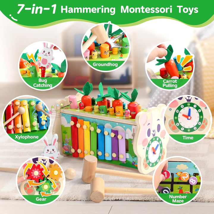Fajiabao Motorikspielzeug Montessori Spielzeug ab 1 Jahr- 7 in 1 Hammerspiel Holzspielzeug Xylophon