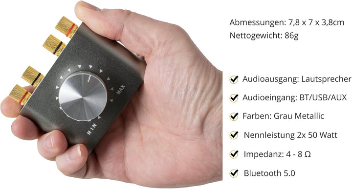 McGrey MAMP-250BT Mini-HiFi-Verstärker 100 Watt - Ultrakompakter Stereo-Verstärker - 2X 50 Watt - Bl