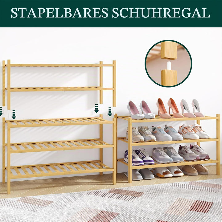 smiry Schuhregal aus Bambus, Schuhregal Platzsparend mit 3 Ebenen, Erweiterbar Stapelbar Shoe Rack,