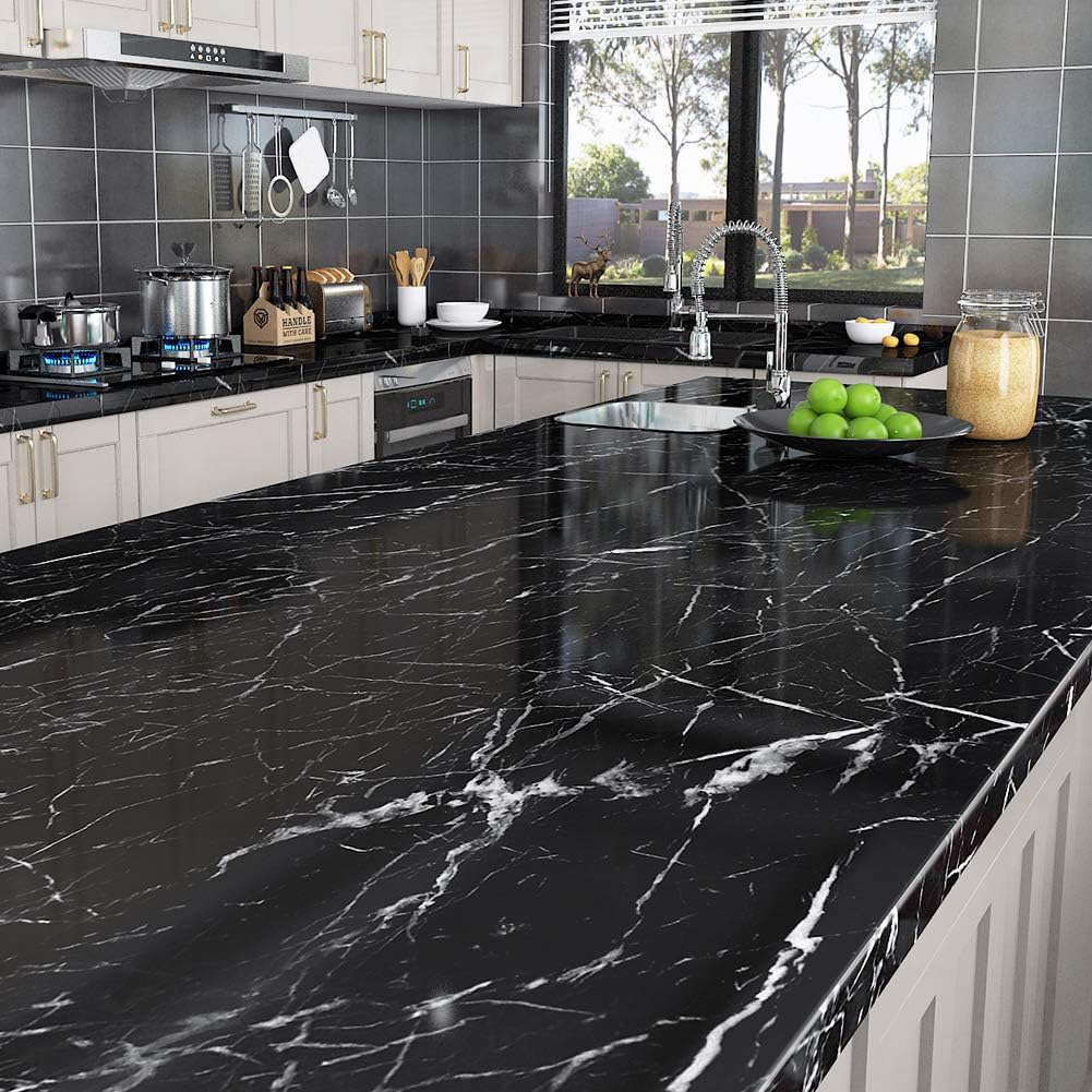 Livelynine 5M X 60 CM Breit Klebefolie Schwarz Marmor Folie für Möbel Tisch Tischplatte Küchenwand K