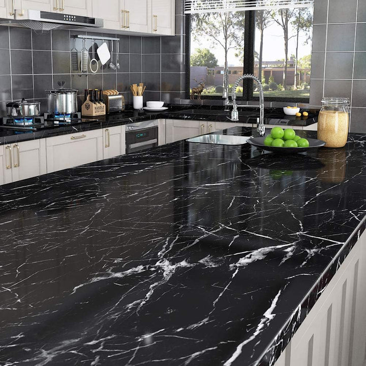 Livelynine 5M X 60 CM Breit Klebefolie Schwarz Marmor Folie für Möbel Tisch Tischplatte Küchenwand K