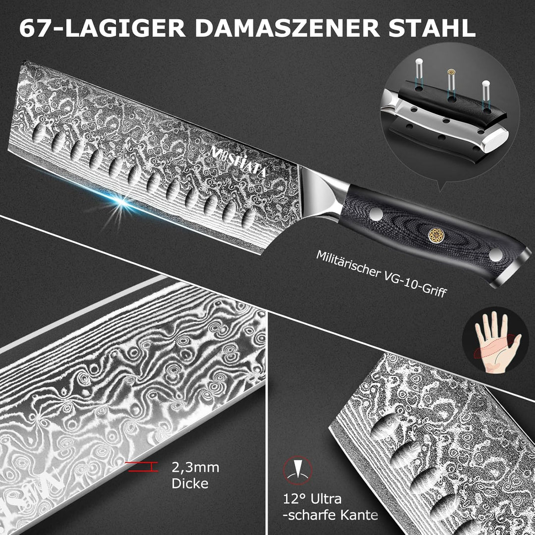 MOSFiATA Damastmesser Nakiri messer 7 Zoll, Vatertagsgeschenk für Papa, Kochmesser Damast Küchenmess