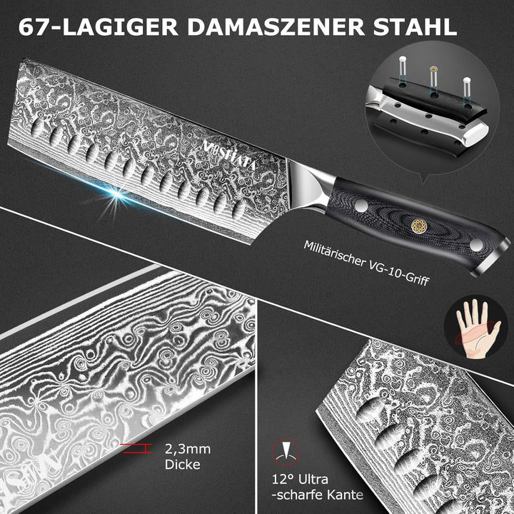 MOSFiATA Damastmesser Nakiri messer 7 Zoll, Vatertagsgeschenk für Papa, Kochmesser Damast Küchenmess
