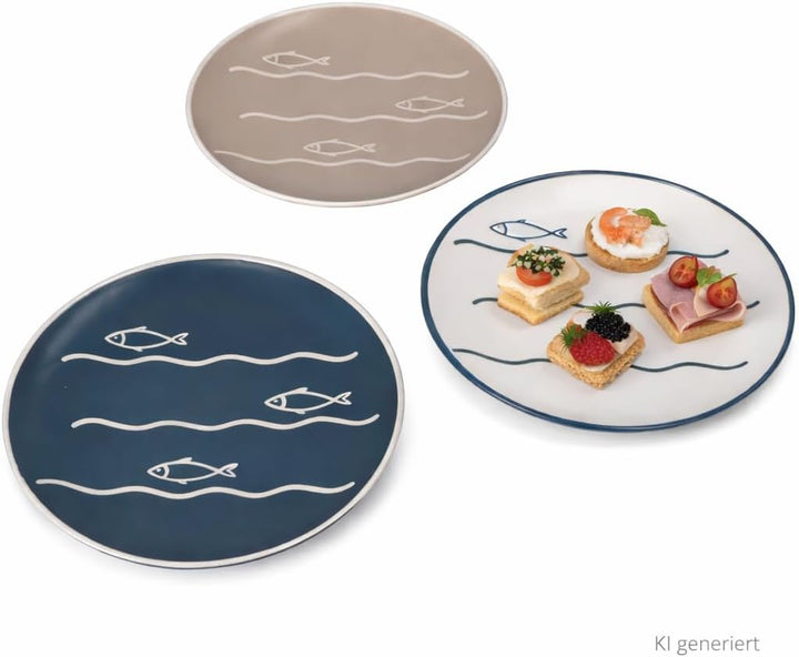 MamboCat 6er Set Dessertteller Fisch I 2X weiss, 2X beige, 2X blau I Keramik mit Fischmotiv I Ø 20,3