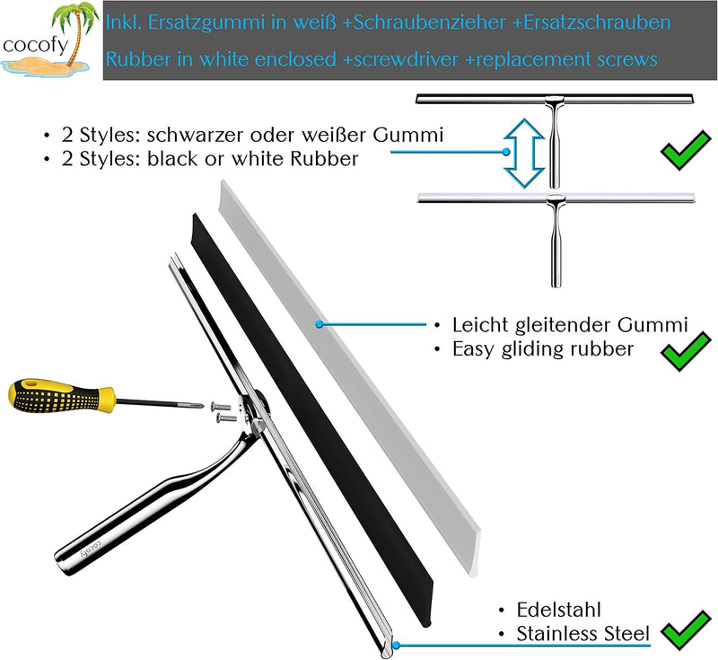 cocofy Duschabzieher breit XXL 45 cm ohne Bohren für Dusche, Fliesen mit Haken, Ersatzgummi, Mikrofa