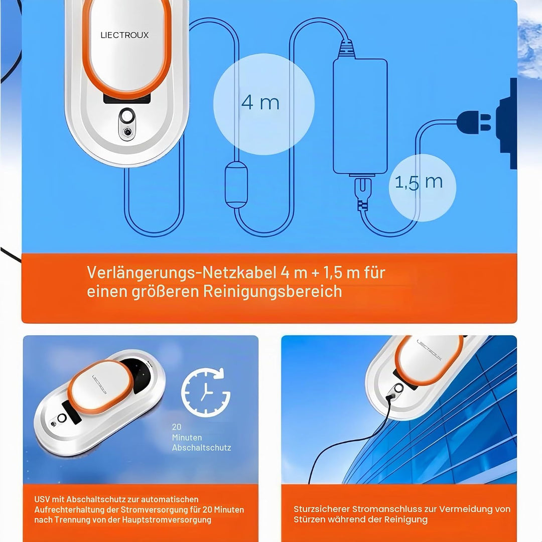 LIECTROUX HCR-09 Elektrischer Fensterwischroboter, Haushaltsroboter, Fensterputzmaschine, AI-Route,