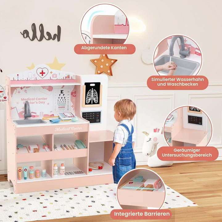 HOMASIS Arzt-Set aus Holz, Arzt-Set für Kinder mit Waschbecken, Sichtprüfung, Elektrokardiogramm, Uh