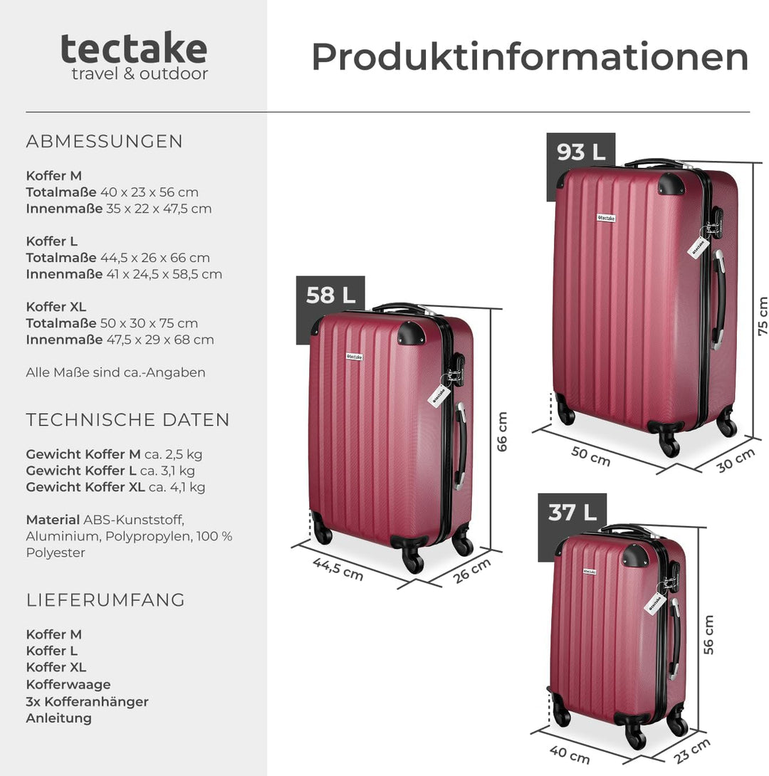 tectake® 3er Kofferset mit Kofferwaage & Kofferanhänger, Reisekoffer Set, ABS Hartschalenkoffer Set,