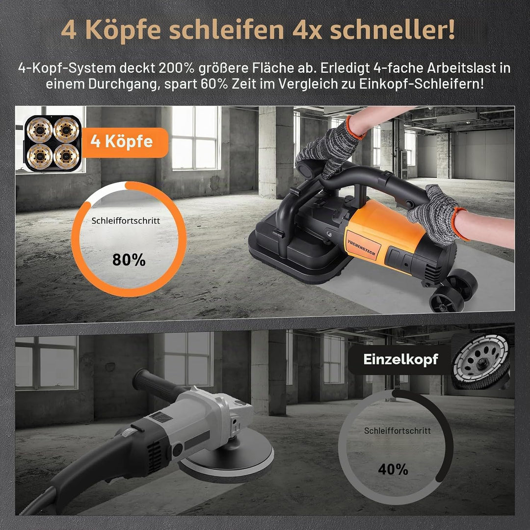 YUCHENGTECH 4-Kopf Betonschleifer 3800W 100 * 4 mm Schleifscheibe für Beton | mit Wasserpumpe Verlän