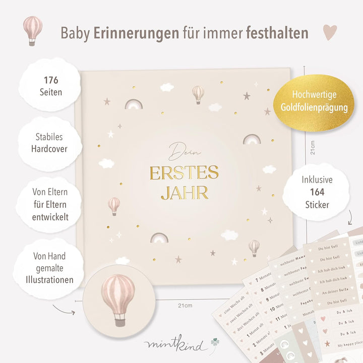 mintkind® Mein erstes Jahr Babyalbum Pattern Beige – sanftes Babytagebuch mit 176 Seiten und Sticker