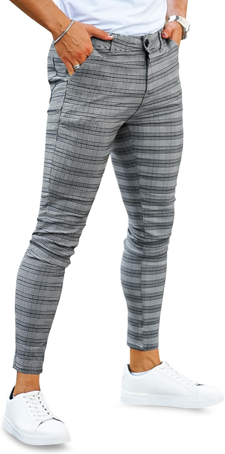 GINGTTO Herren Chino Hose Skinny Stretch Chinohose Karo Slim fit Stoffhose Check Tapered Casual Pant