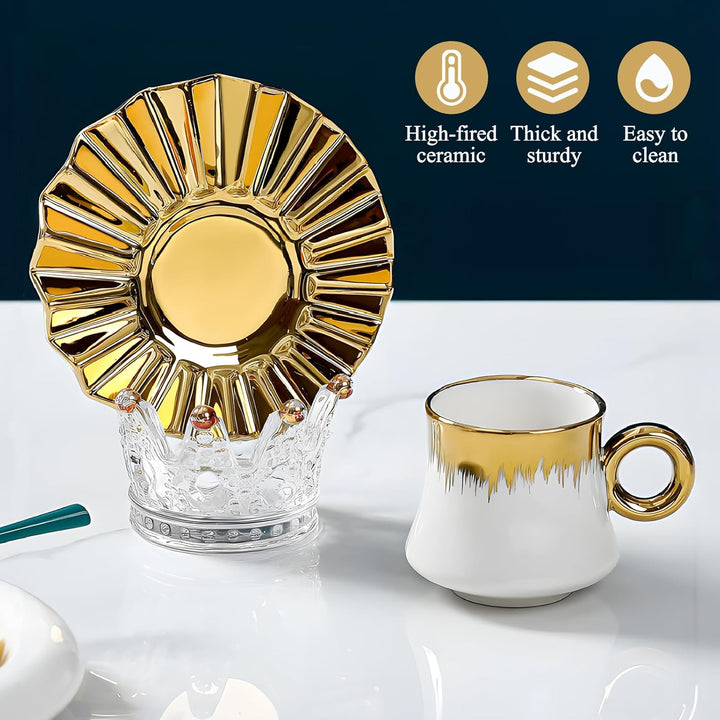 6PCS Teeservice für Porzellan Europäisches, 100 ML Keramik Kaffeeservice mit Kaffeetassen und Untert