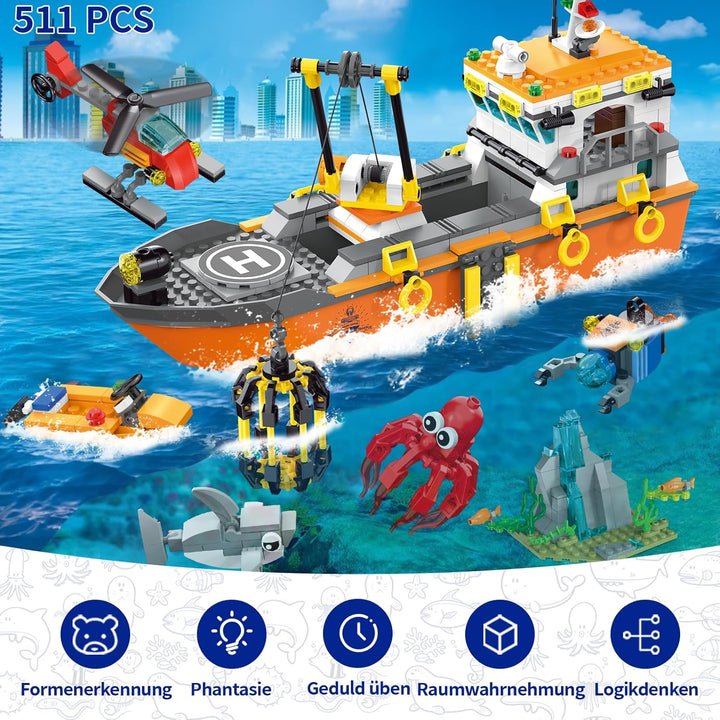City Forschungsschiff Baukasten mit LED Licht – Spass Schwimmfähiges Boot Baustein Ozean Exploration