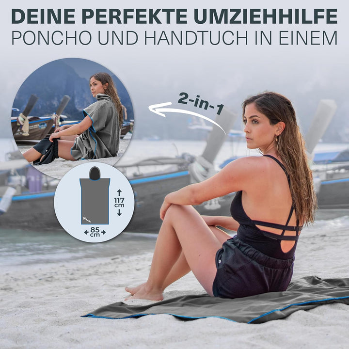 NirvanaShape Handtuch-Poncho für Erwachsene, Umziehhilfe & Handtuch zugleich, Surf-Poncho mit Quick-