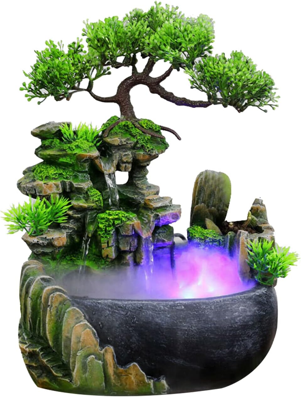 Zimmerbrunnen mit LED Beleuchtung Wasserfall Tischbrunnen Steingarten Desktop-Brunnen mit Nebel, Gar