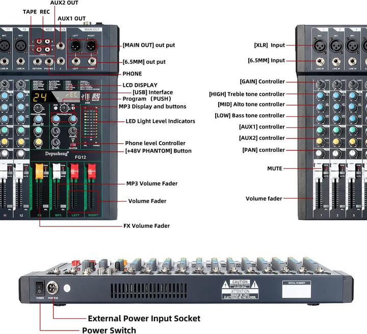 Depusheng FG12 Professioneller 12-Kanal-Audio-Mixer für Computeraufnahmen, Sound-Controller-Schnitts