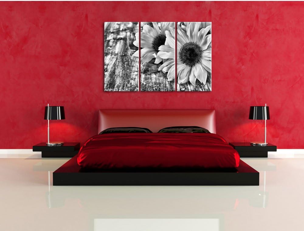 Pixxprint Sonnenblumen auf Holztisch als Leinwandbild/Grösse: 3 Teilig (120x80) cm/Wandbild/Kunstdru