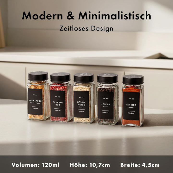 EDELHAUS Gewürzgläser Eckig Set mit Deckel (36 x 120ml) Gewürzstreuer mit Streueinsatz und 240 Etike