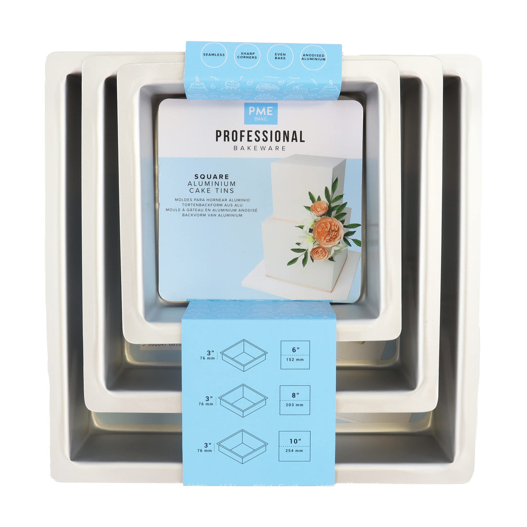 PME - Quadratische Kuchenformen 15, 20, 25 cm x 7,5 cm tief, 3er -Satz