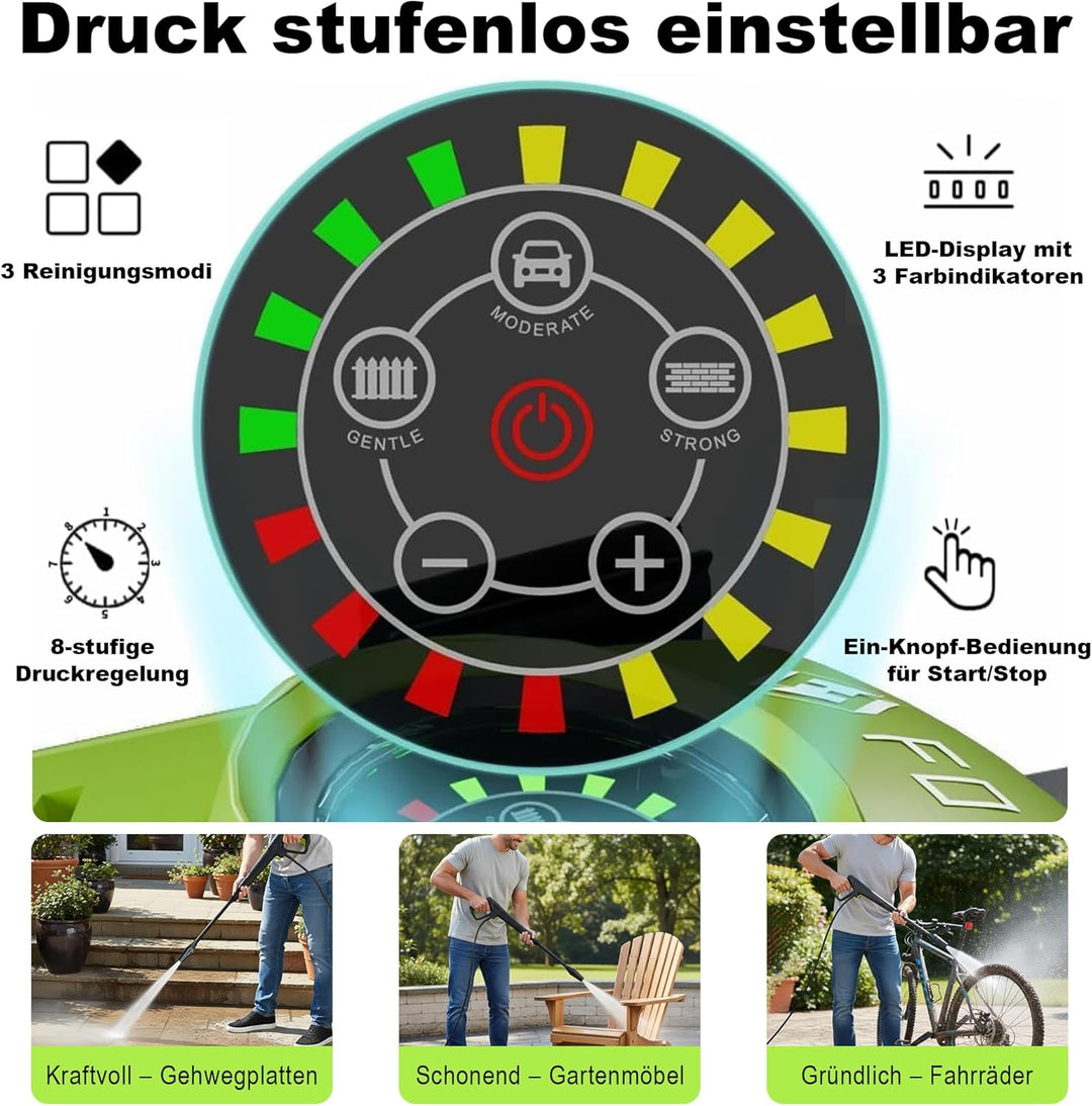 Hochdruckreiniger 200 Bar, Touchscreen 8-stufiger, 6-in-1-Düse, Druck: 100-200bar, Fördermenge: 280-