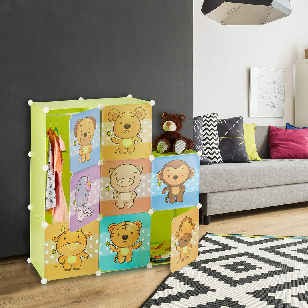 Relaxdays Kinderregal mit Tiermotiv, Kunststoff Steckregal m. Türen, Kinderzimmer Kleiderschrank m.